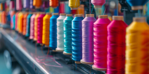 Vibrant Textile Threads on a Production Line in Factory Setting