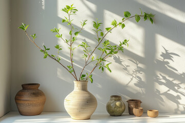 Sunlit Indoor Potted Plant with Rustic Ceramic Vases and Shadows