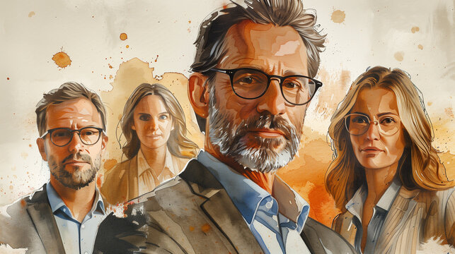 Groupe de 4 membres du CODIR, &eacute;quipe dirigeante, portrait d'entreprise et d'entrepreneurs &agrave; l'aquarelle