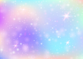 Magic background with rainbow mesh. Trendy universe banner in princess colors. Fantasy gradient backdrop with hologram. Holographic magic background with fairy sparkles, stars and blurs.