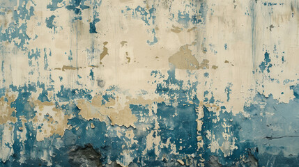 A wall with blue and white paint peeling off