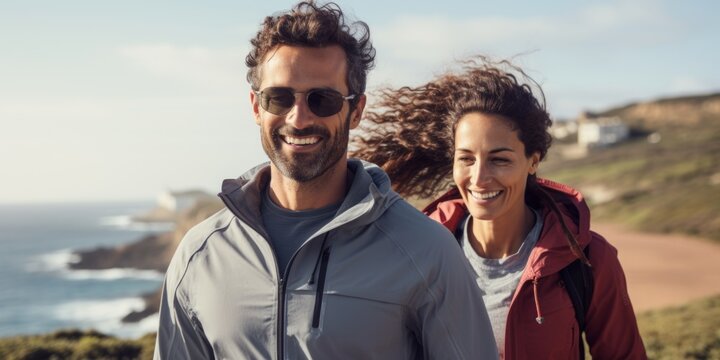 Cheerful athletic senior couple  smiling while running in a  seashore. Generative AI.