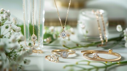 Elegant Wedding Jewelry Displayed on Glass Table