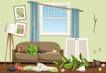 Messy living room interior with a sofa, a broken dresser, overturned houseplants, dirty window, and garbage. Total mess in a living room. Cartoon vector illustration - obrazy, fototapety, plakaty