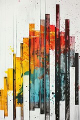 Colored bars in stock market graphics, depicted in rustic weathered screen print, symbolizing the fluctuating nature of our ecological and financial worlds, 
