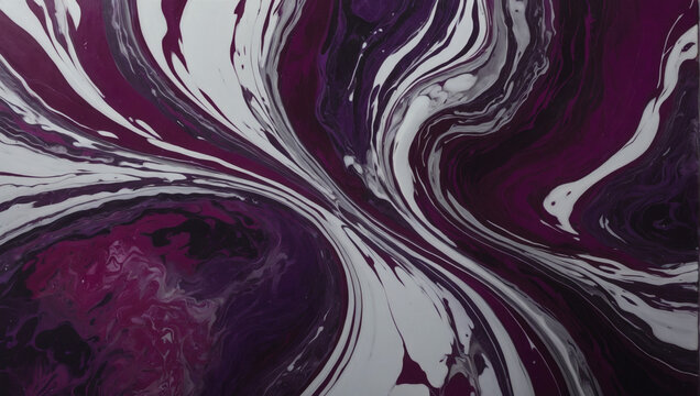 Fluid painting with a backdrop of royal purple marble, featuring swirling magenta petals and shimmering silver lines.