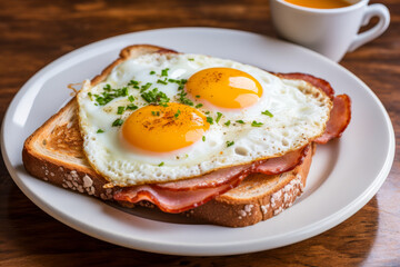 Fototapeta premium Classic Bacon and Fried Eggs on Toast Breakfast with Coffee