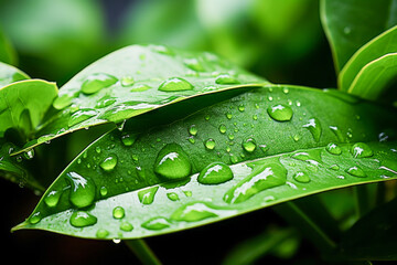 Vibrant Green Leaves Dotted with Fresh Raindrops in Nature