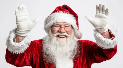Santa claus is waving hands with a comical expression