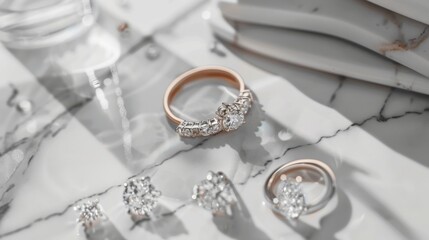Elegant Diamond Rings Displayed on Marble Surface