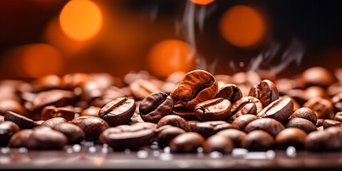 Close-Up of Aromatic Roasted Coffee Beans with Warm Backlight - obrazy, fototapety, plakaty
