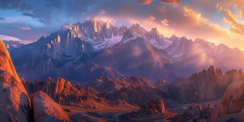 Panoramic view of snow mountains range landscape. Generative AI.