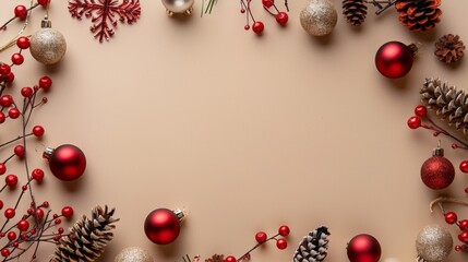 Naklejka premium Christmas decorations in circular formation on a neutral backdrop