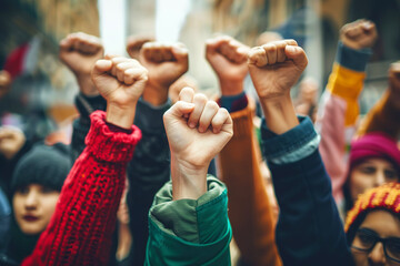 People from various cultural backgrounds come together, each raising a fist in solidarity.