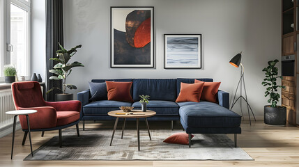 Recliner chair and dark blue sofa in a Scandinavian apartment. A contemporary living room's interior design