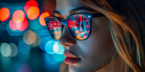 Futuristic City Lights Reflecting on Woman's Sunglasses at Night - obrazy, fototapety, plakaty