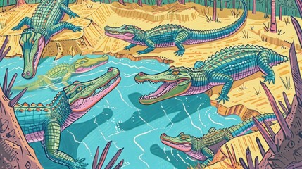 A congregation of alligators in a random, crystalclear spring, guardians of the depths