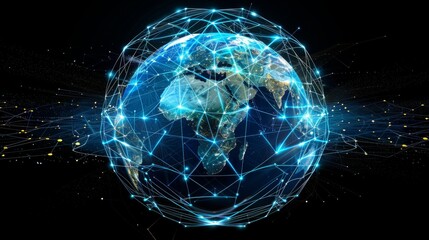 Digital illustration of earth with glowing network connections on a dark background