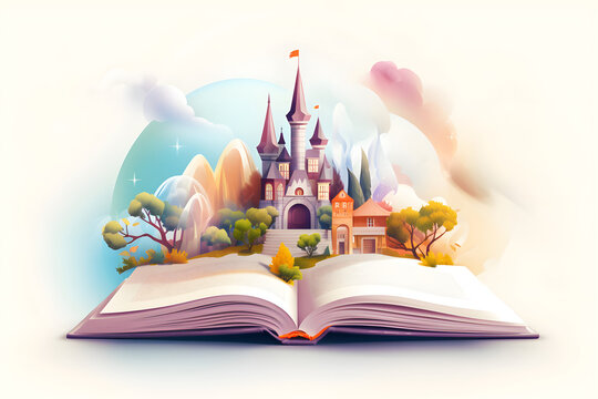 Open magic fairy tale book with  fantasy scene, forest, castle, clouds. Fantasy and imagination concept design. Children's book with magical world inside. World Book Day. International Education Day.