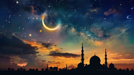 Night sky landscape mosque silhouette, Crescent moon stars - obrazy, fototapety, plakaty