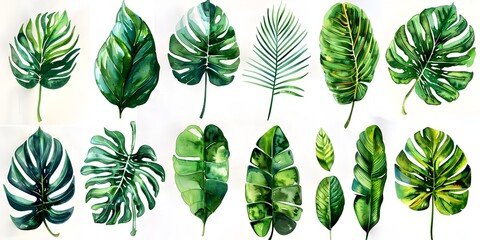 Vibrant Watercolor Collection of Tropical Leaves Showcasing Lush Green Foliage and Exotic Patterns on White Background - obrazy, fototapety, plakaty