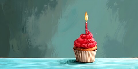A Solo Birthday with a Cupcake and Candle a Quiet but Meaningful Observance on a Wooden Table with Copy Space and Hand Drawn - obrazy, fototapety, plakaty