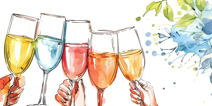 Friends Toasting to Celebrate a Joyful Occasion with Drinks in Watercolor