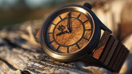 Close-Up of Wooden Wristwatch on Natural Bark