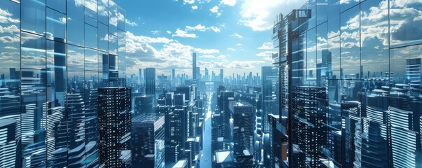 Futuristic city skyline with reflective skyscrapers - obrazy, fototapety, plakaty