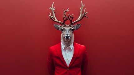 Surreal portrait of a man with deer head in red suit