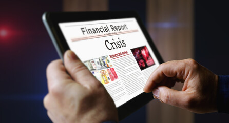 Crisis newspaper on mobile tablet screen - obrazy, fototapety, plakaty