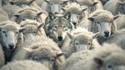 Grey wolf camouflaged within a crowd of sheep, exhibiting concepts of difference and leadership