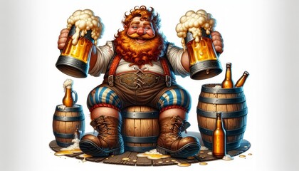 A cheerful red-bearded man laughs while sitting on a barrel of beer and drinks beer with foam from a large mug. Celebrating Beer Day at the Beer Festival. Octoberfest