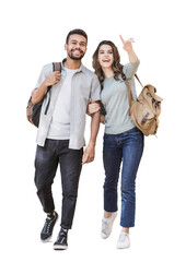 Beautiful happy couple full length portrait isolated transparent PNG. Young joyful smiling woman and man walking isolated transparency. Love, travel, tourism, students concept