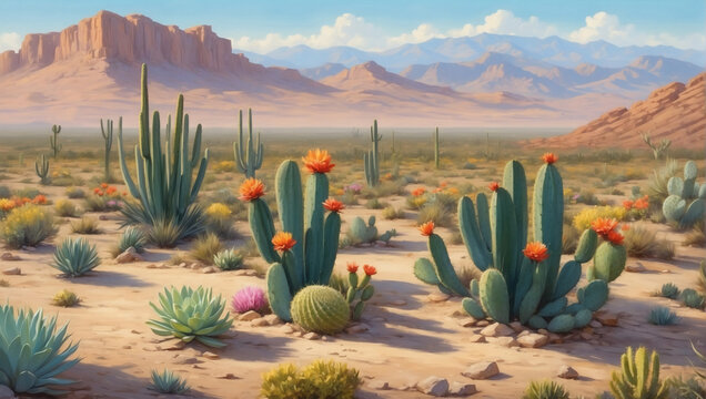 High desert scene with cacti and desert blooms, depicted in oil.