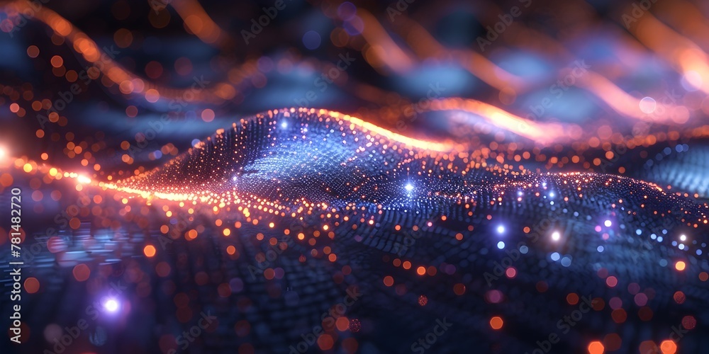 Poster futuristic quantum computing visualization with glowing particles in superposition state representin
