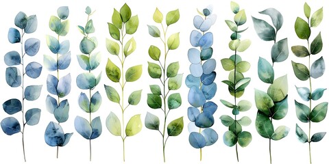 Assorted Watercolor Eucalyptus Leaves in Shades of Blue and Green on White Background Ideal for Serene Compositions