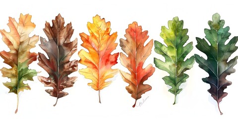 Vibrant Autumnal Oak Leaves in Watercolor on White Backdrop - obrazy, fototapety, plakaty