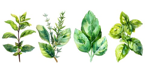 Watercolor of Fragrant Herbs for Culinary Themed Artworks on White Background - obrazy, fototapety, plakaty