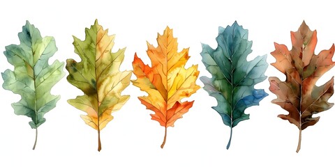 Vibrant Watercolor Oak Leaves Through the Seasons from Lush Green of Spring to Rich Browns of Autumn on White Background