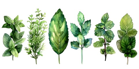 Vibrant Watercolor of Assorted Aromatic Herbs for Culinary and Botanical Artwork - obrazy, fototapety, plakaty