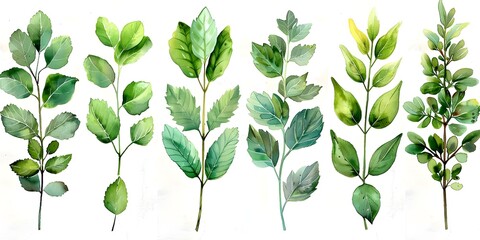 Vibrant Medicinal Herb Garden Leaves Watercolor on White Background - obrazy, fototapety, plakaty