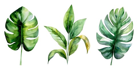 Watercolor Painting Tutorial Series on Various Tropical and Native Leaf Types on White Background - obrazy, fototapety, plakaty