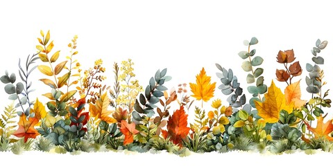 Watercolor Montage of Diverse Autumn Leaves on Forest Floor against White Background