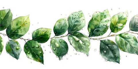 Watercolor Study of Lush Green Leaves with Raindrops and Splashes on White Background