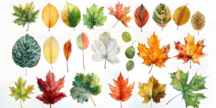 Diverse Autumnal Foliage Watercolor Montage on White Background