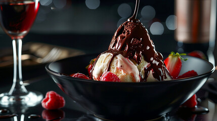 Pouring liquid chocolate over chocolate ice cream with berries lying on the side of the ice cream