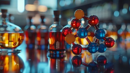 Chemistry lab with atoms model, medium shot, clear details, bright, modern educational style