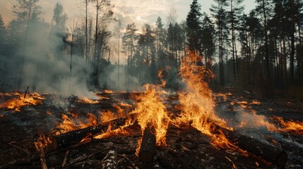 Wildfire in forest at dusk