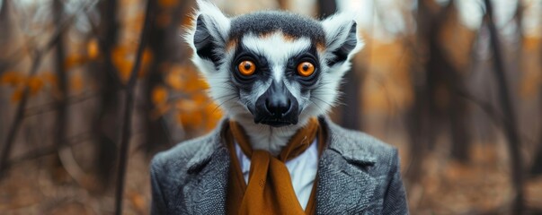 Whimsical lemur in autumn attire - obrazy, fototapety, plakaty